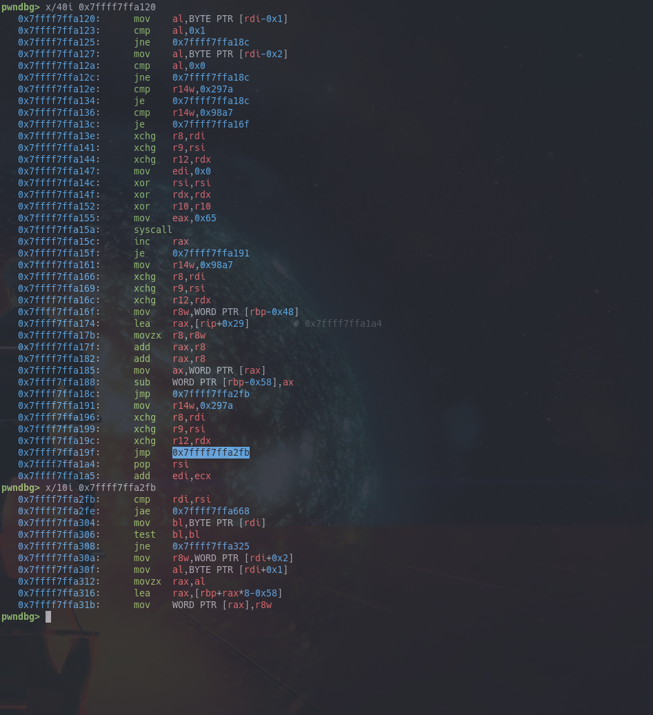 Disassembly of the hidden part in GDB