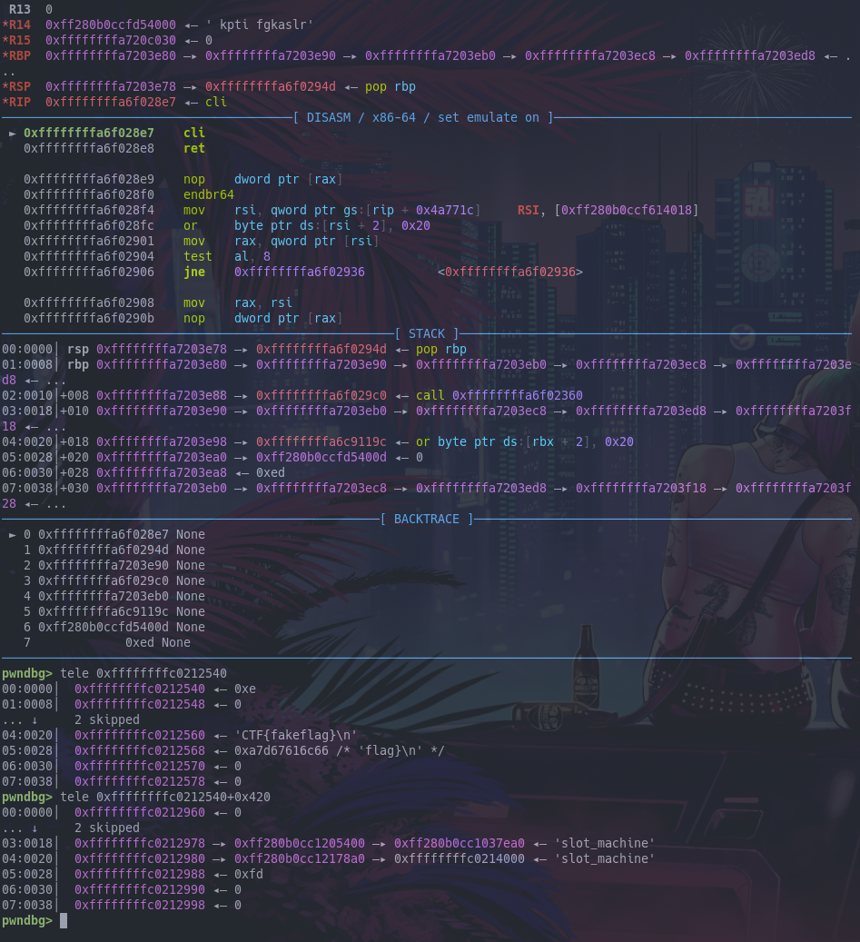 GDB output showing the dump of .bss+0x420